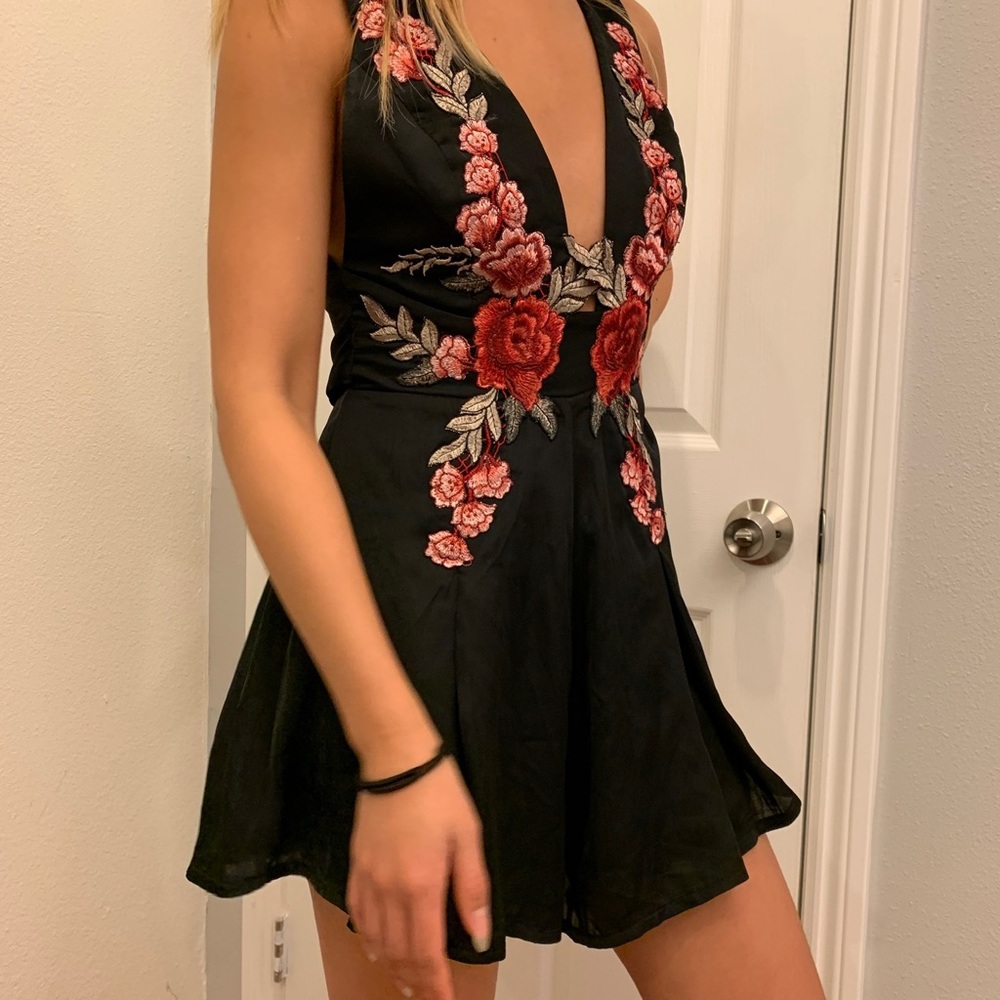 Short Black Parisian Rose Embroidered Romper